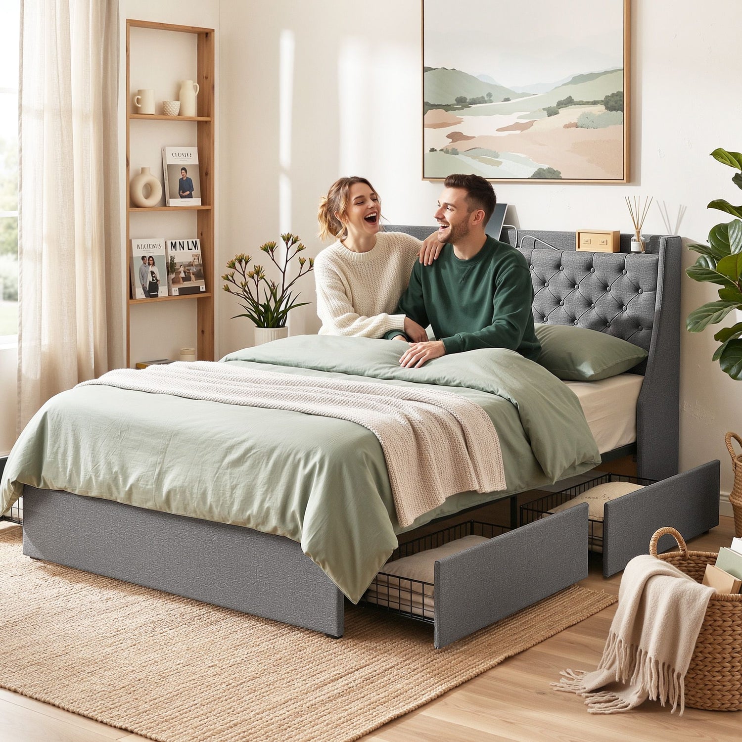 Artiss Queen Bed Frame with 4 Storage Drawers and Charging Station Tufted Wingback Headboard 300kg Loads Charcoal Grey-Furniture > Bedroom > Beds &amp; Bed Frames-PEROZ Accessories