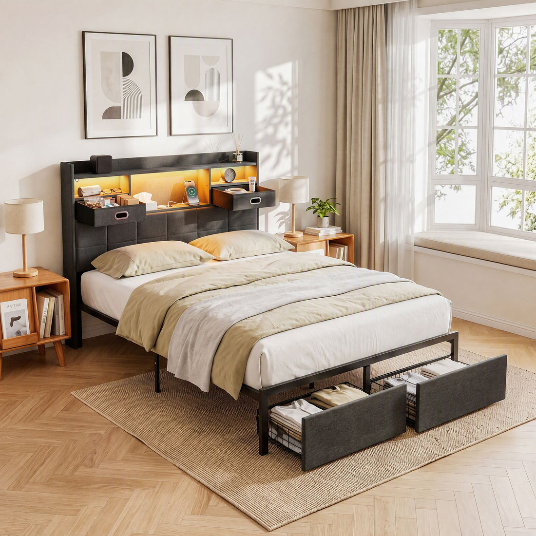 Artiss Double Bed Frame with 2 Storage Drawers &amp; Headboard, USB Charging Station, RGB LED Light