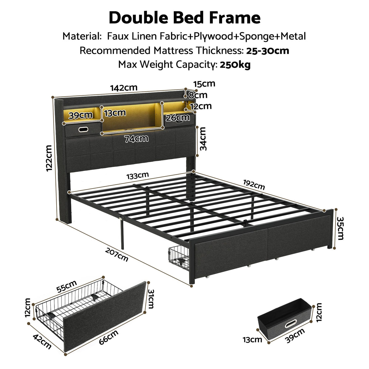 Artiss Double Bed Frame with 2 Storage Drawers &amp; Headboard, USB Charging Station, RGB LED Light-Furniture > Bedroom > Beds &amp; Bed Frames-PEROZ Accessories