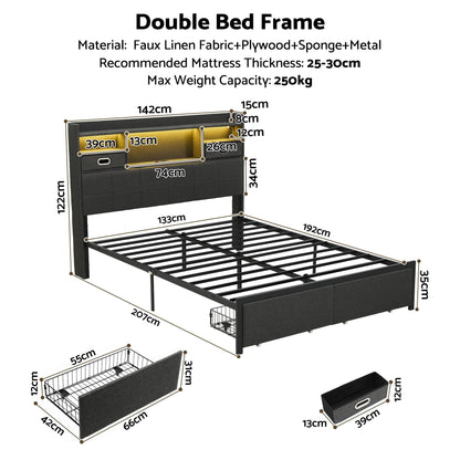 Artiss Double Bed Frame with 2 Storage Drawers &amp; Headboard, USB Charging Station, RGB LED Light-Furniture > Bedroom > Beds &amp; Bed Frames-PEROZ Accessories