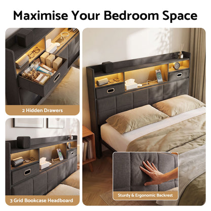 Artiss Double Bed Frame with 2 Storage Drawers &amp; Headboard, USB Charging Station, RGB LED Light-Furniture > Bedroom > Beds &amp; Bed Frames-PEROZ Accessories