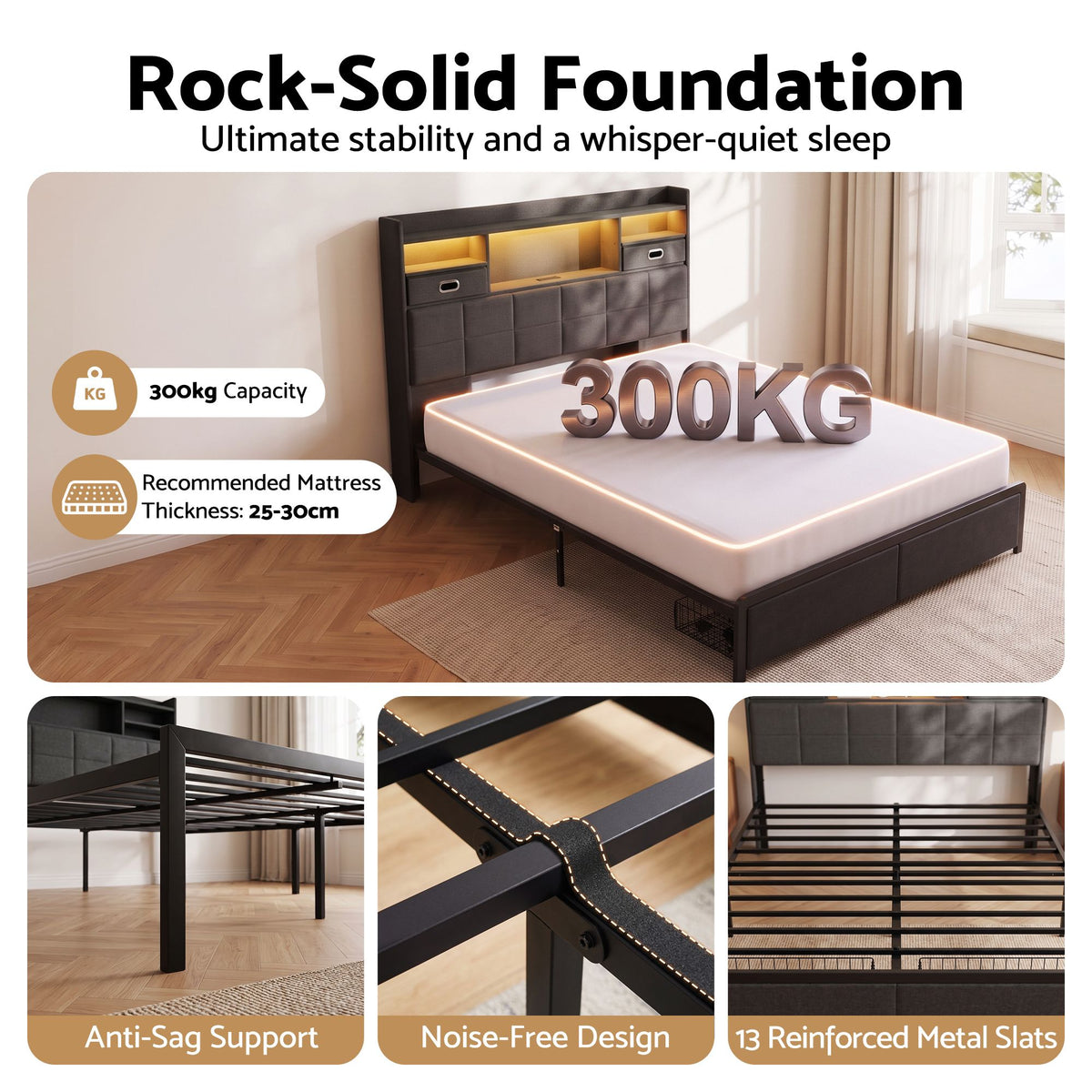 Artiss Double Bed Frame with 2 Storage Drawers &amp; Headboard, USB Charging Station, RGB LED Light-Furniture > Bedroom > Beds &amp; Bed Frames-PEROZ Accessories