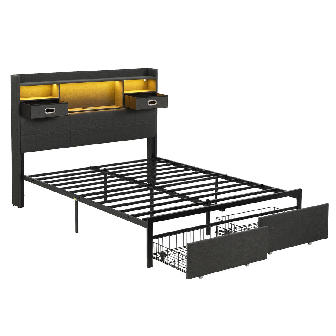Artiss Queen Bed Frame with Storage Drawers &amp; Headboard, 2 Drawer, USB, LED-Furniture > Bedroom > Beds &amp; Bed Frames-PEROZ Accessories