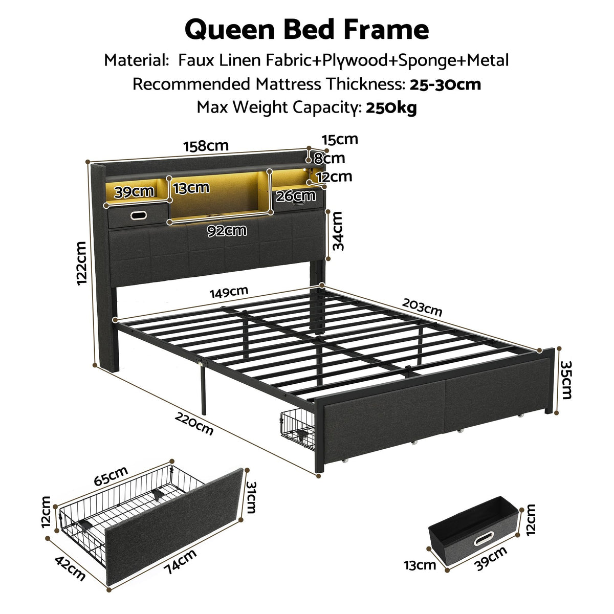 Artiss Queen Bed Frame with Storage Drawers &amp; Headboard, 2 Drawer, USB, LED