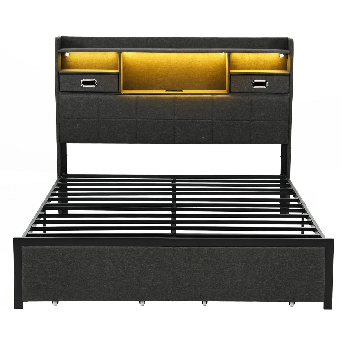 Artiss Queen Bed Frame with Storage Drawers &amp; Headboard, 2 Drawer, USB, LED