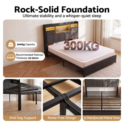 Artiss Queen Bed Frame with Storage Drawers &amp; Headboard, 2 Drawer, USB, LED