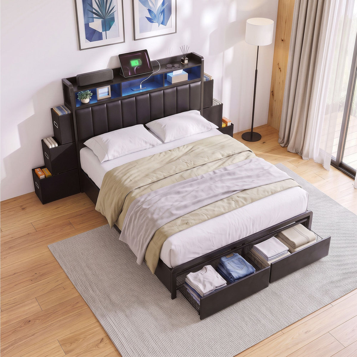 Artiss Double Bed Frame with Storage Headboard, 2 Drawers, Charging Station LED Light-Furniture > Bedroom > Beds &amp; Bed Frames-PEROZ Accessories