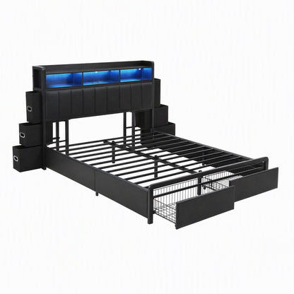 Artiss Double Bed Frame with Storage Headboard, 2 Drawers, Charging Station LED Light-Furniture > Bedroom > Beds &amp; Bed Frames-PEROZ Accessories