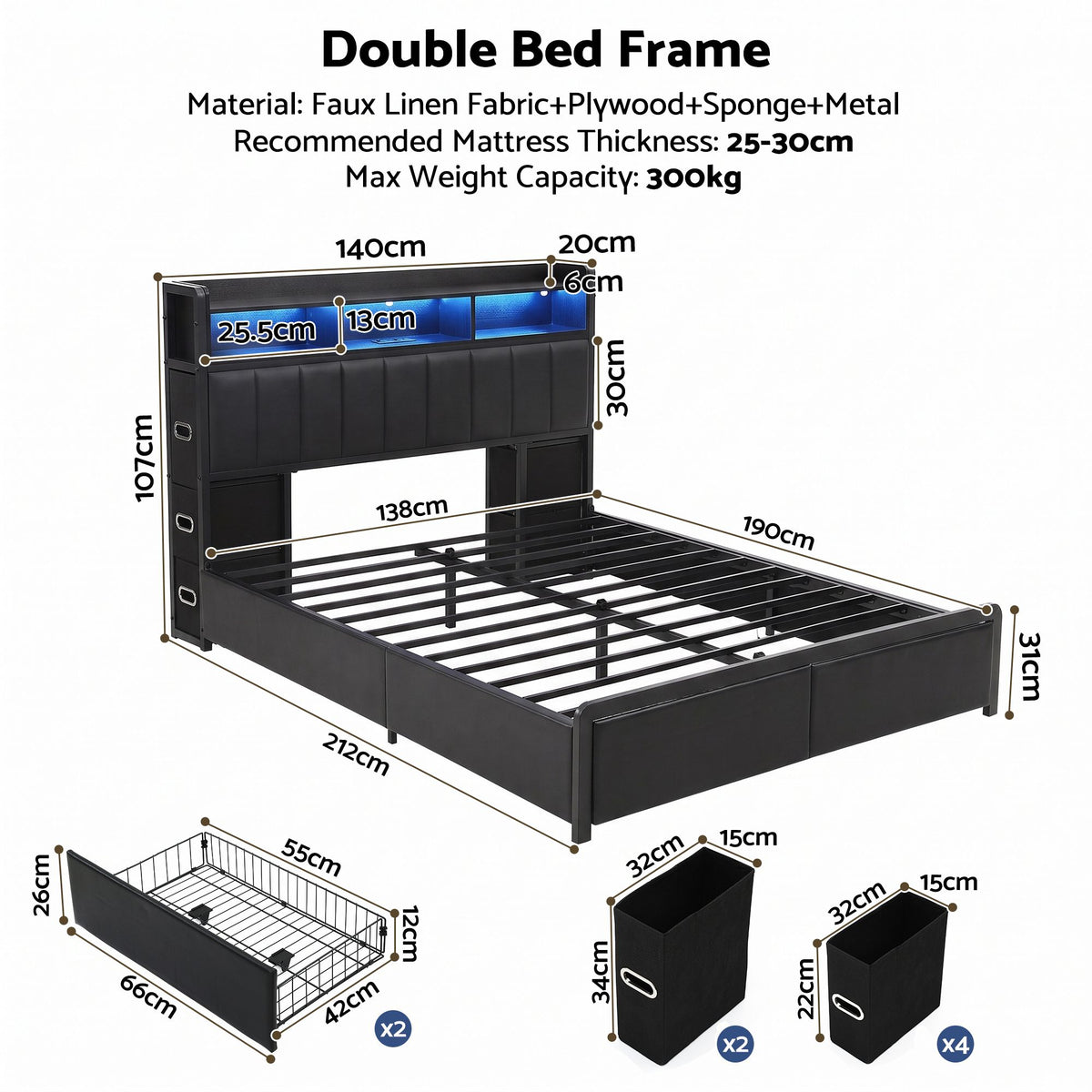 Artiss Double Bed Frame with Storage Headboard, 2 Drawers, Charging Station LED Light-Furniture > Bedroom > Beds &amp; Bed Frames-PEROZ Accessories