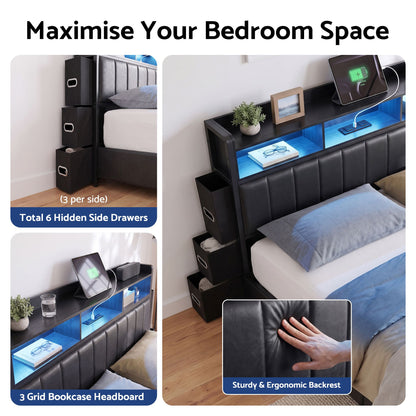 Artiss Double Bed Frame with Storage Headboard, 2 Drawers, Charging Station LED Light-Furniture > Bedroom > Beds &amp; Bed Frames-PEROZ Accessories