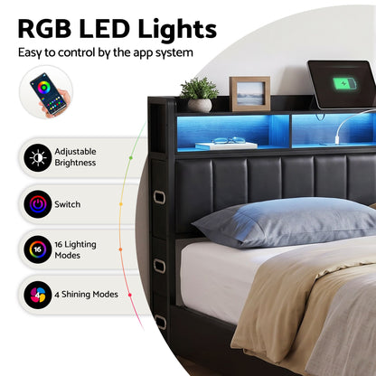 Artiss Double Bed Frame with Storage Headboard, 2 Drawers, Charging Station LED Light-Furniture > Bedroom > Beds &amp; Bed Frames-PEROZ Accessories