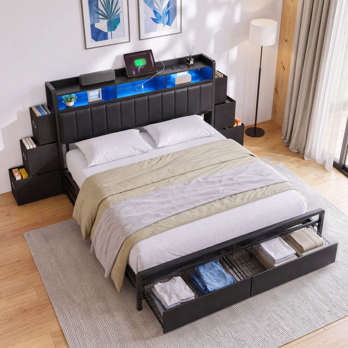 Artiss King Bed Frame with Storage Headboard, 2 Drawers, Charging Station &amp; LED Light