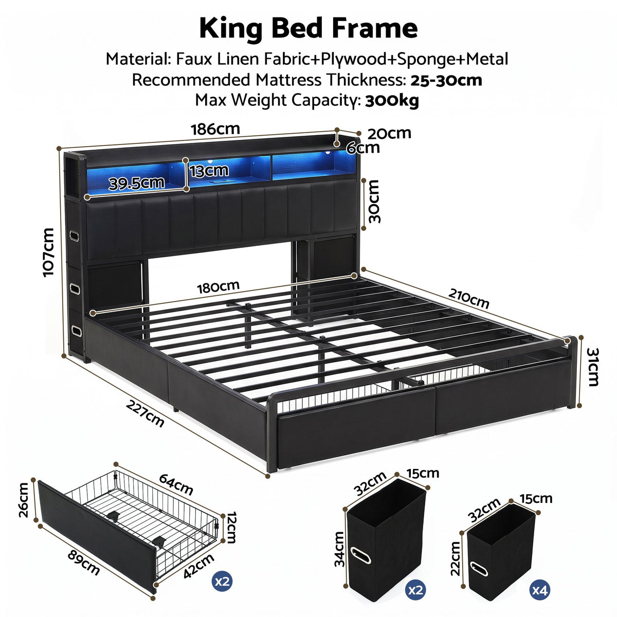 Artiss King Bed Frame with Storage Headboard, 2 Drawers, Charging Station &amp; LED Light