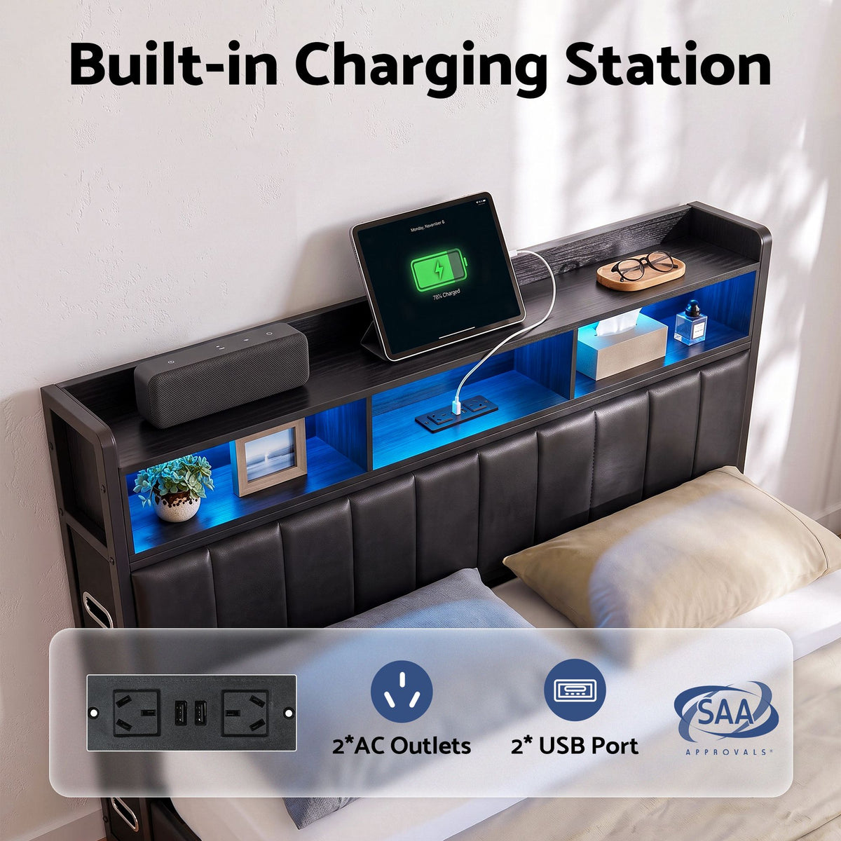 Artiss King Bed Frame with Storage Headboard, 2 Drawers, Charging Station &amp; LED Light