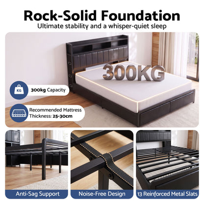 Artiss King Bed Frame with Storage Headboard, 2 Drawers, Charging Station &amp; LED Light