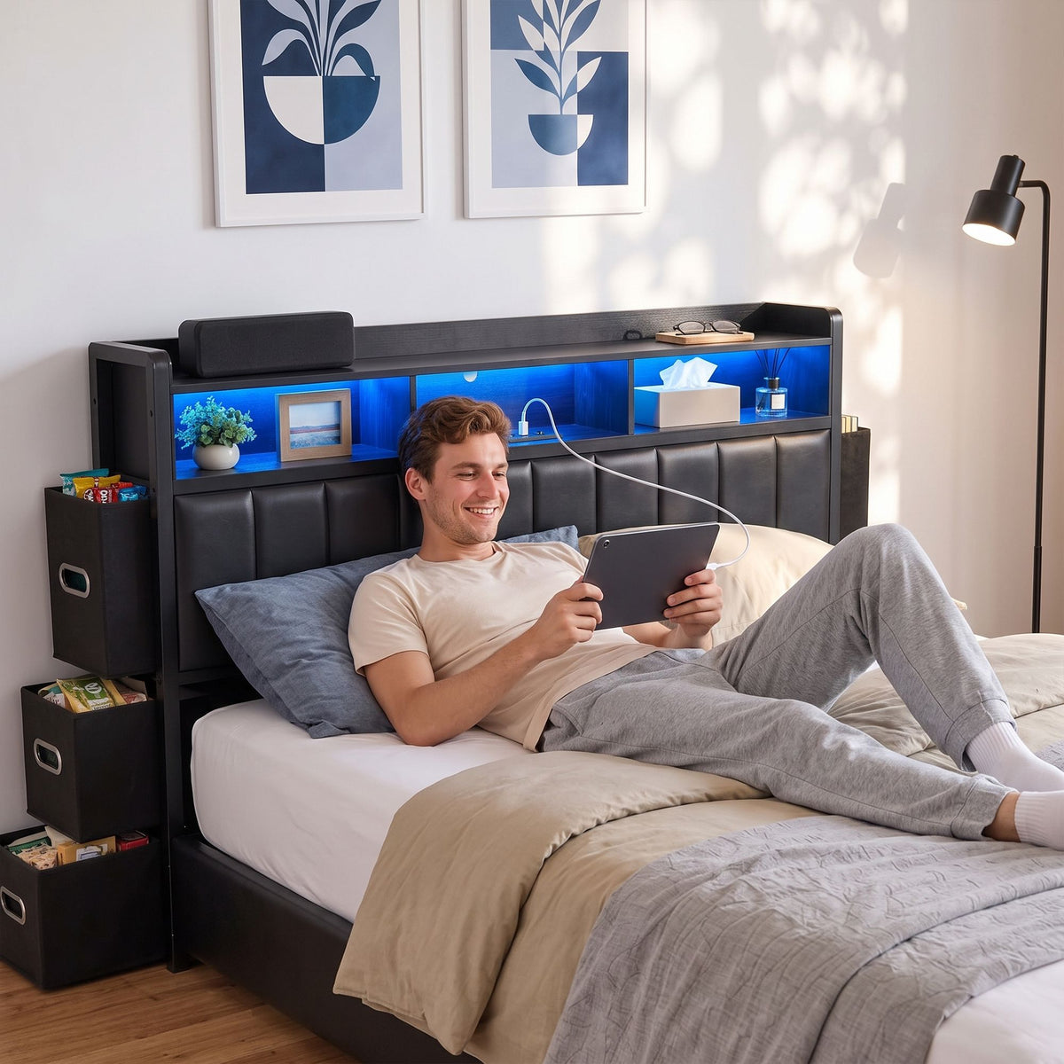 Artiss King Bed Frame with Storage Headboard, 2 Drawers, Charging Station &amp; LED Light