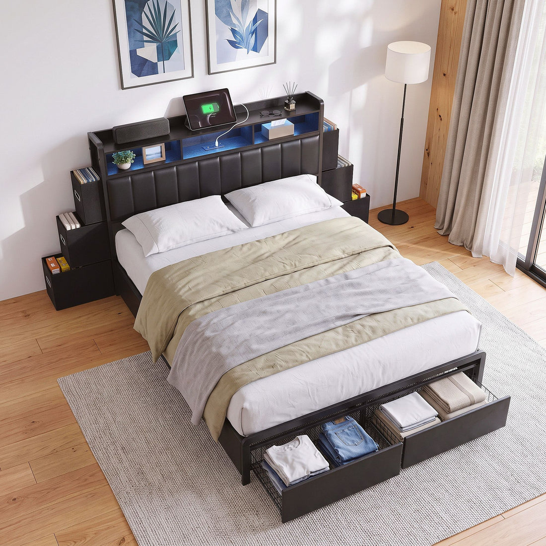 Artiss Queen Bed Frame with Storage Headboard, 2 Drawers, Charging Station&amp; LED Light
