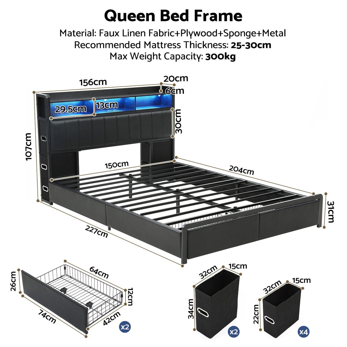 Artiss Queen Bed Frame with Storage Headboard, 2 Drawers, Charging Station&amp; LED Light-Furniture > Bedroom > Beds &amp; Bed Frames-PEROZ Accessories