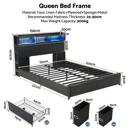 Artiss Queen Bed Frame with Storage Headboard, 2 Drawers, Charging Station&amp; LED Light-Furniture > Bedroom > Beds &amp; Bed Frames-PEROZ Accessories