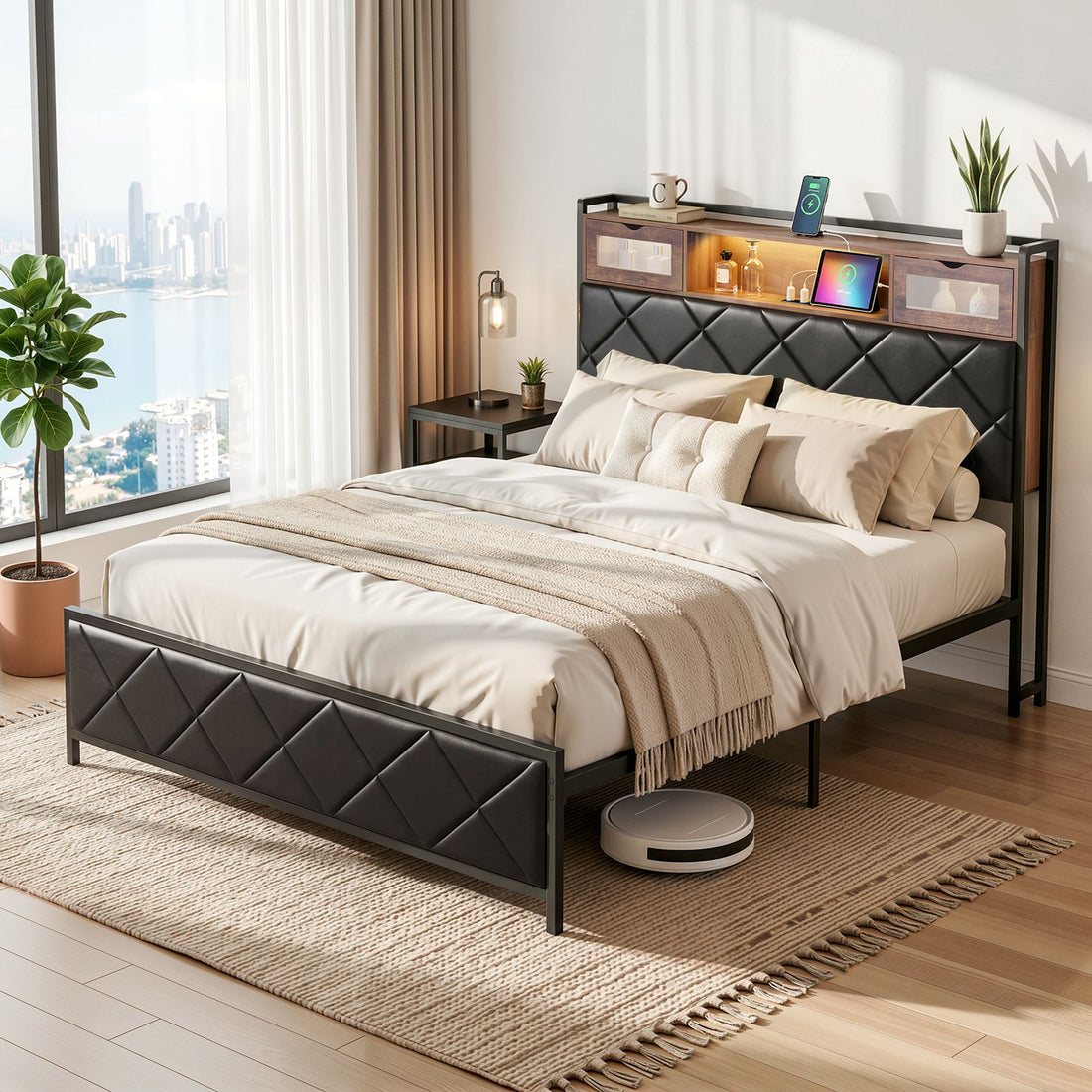 Artiss Double Bed Frame with LED Lights Storage Headboard 2 USB 2 AC Outlets Charging Station-Furniture > Bedroom > Beds &amp; Bed Frames-PEROZ Accessories