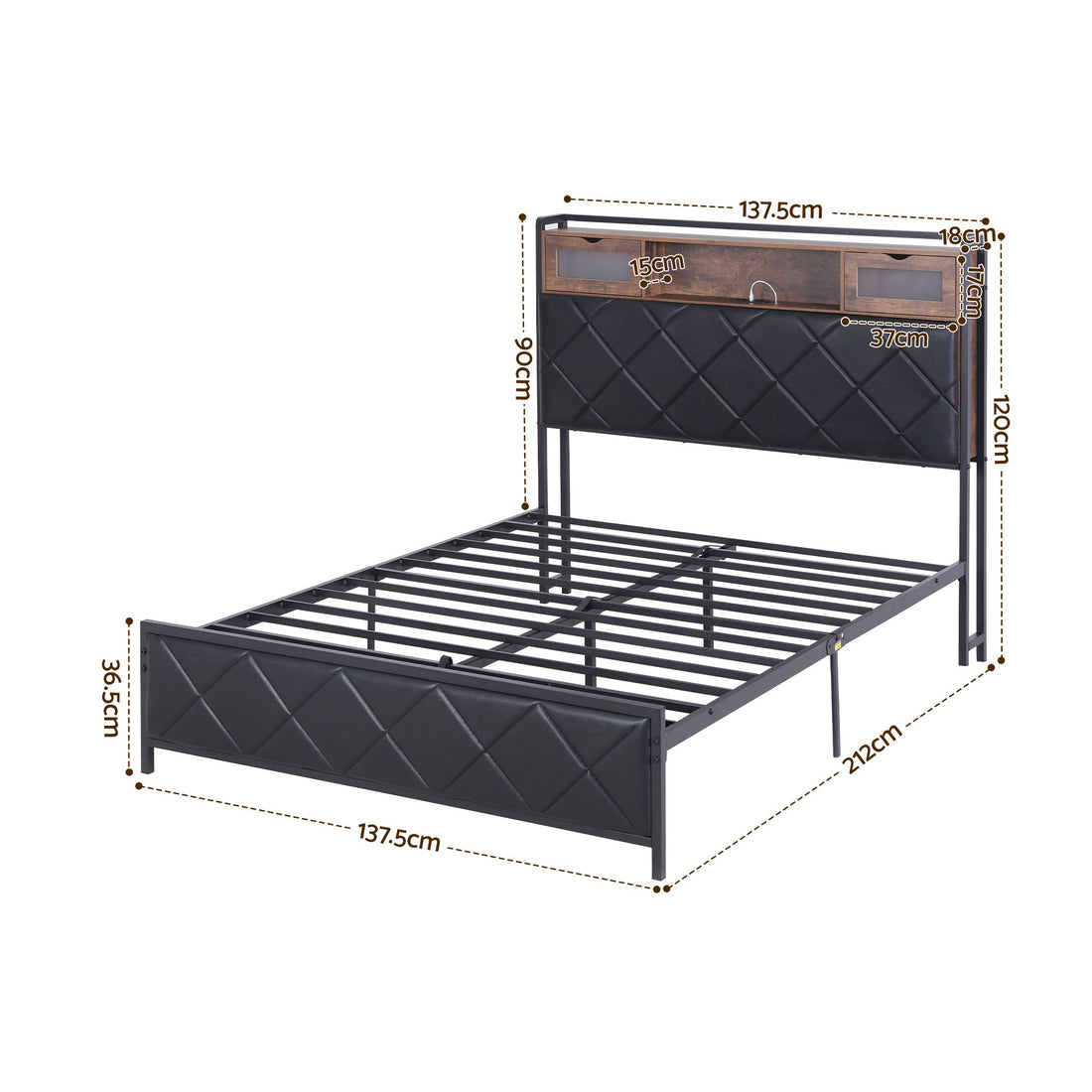 Artiss Double Bed Frame with LED Lights Storage Headboard 2 USB 2 AC Outlets Charging Station-Furniture > Bedroom > Beds &amp; Bed Frames-PEROZ Accessories