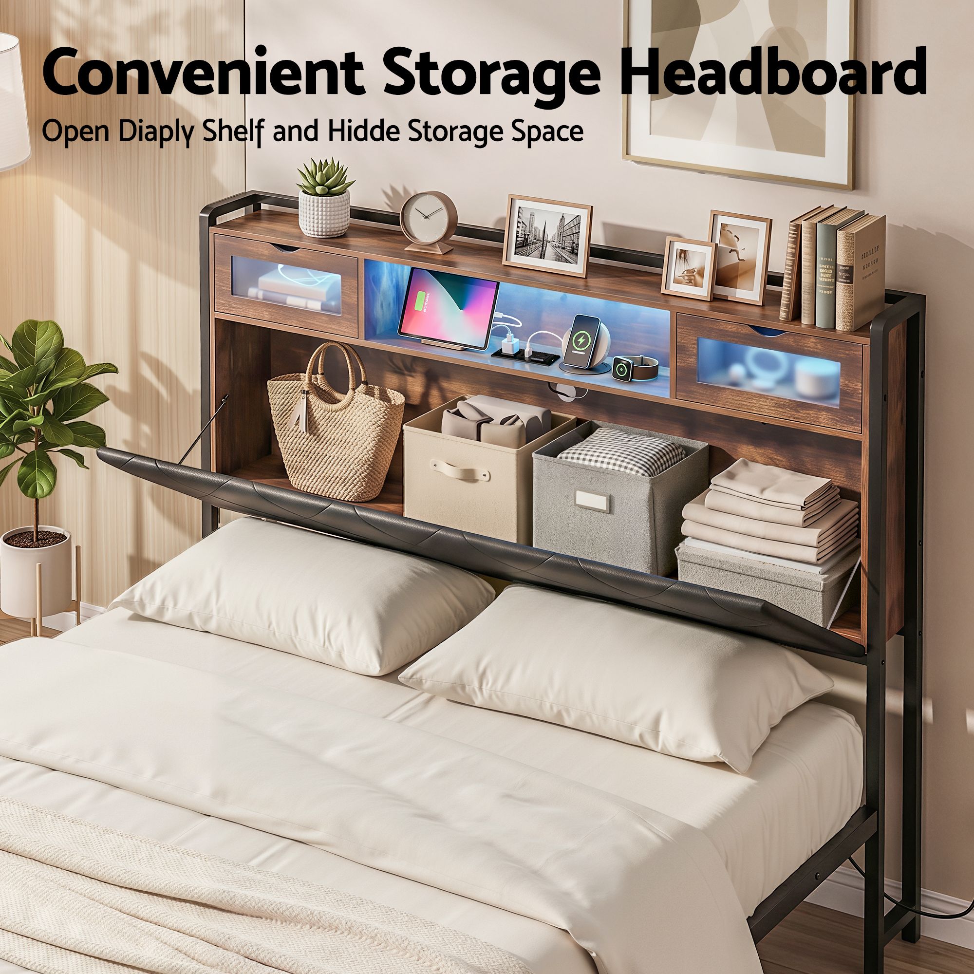 Artiss Double Bed Frame with LED Lights Storage Headboard 2 USB 2 AC Outlets Charging Station-Furniture > Bedroom > Beds &amp; Bed Frames-PEROZ Accessories