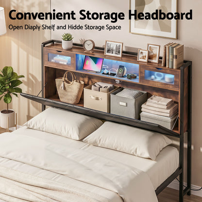 Artiss Double Bed Frame with LED Lights Storage Headboard 2 USB 2 AC Outlets Charging Station-Furniture > Bedroom > Beds &amp; Bed Frames-PEROZ Accessories