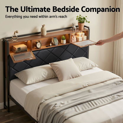 Artiss Double Bed Frame with LED Lights Storage Headboard 2 USB 2 AC Outlets Charging Station-Furniture > Bedroom > Beds &amp; Bed Frames-PEROZ Accessories