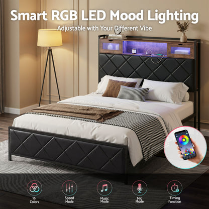 Artiss Double Bed Frame with LED Lights Storage Headboard 2 USB 2 AC Outlets Charging Station-Furniture > Bedroom > Beds &amp; Bed Frames-PEROZ Accessories
