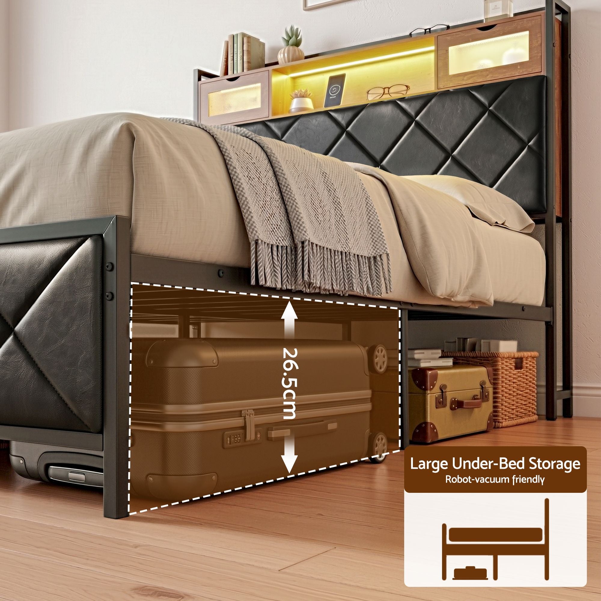 Artiss Double Bed Frame with LED Lights Storage Headboard 2 USB 2 AC Outlets Charging Station-Furniture > Bedroom > Beds &amp; Bed Frames-PEROZ Accessories