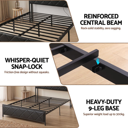 Artiss Double Bed Frame with LED Lights Storage Headboard 2 USB 2 AC Outlets Charging Station-Furniture > Bedroom > Beds &amp; Bed Frames-PEROZ Accessories