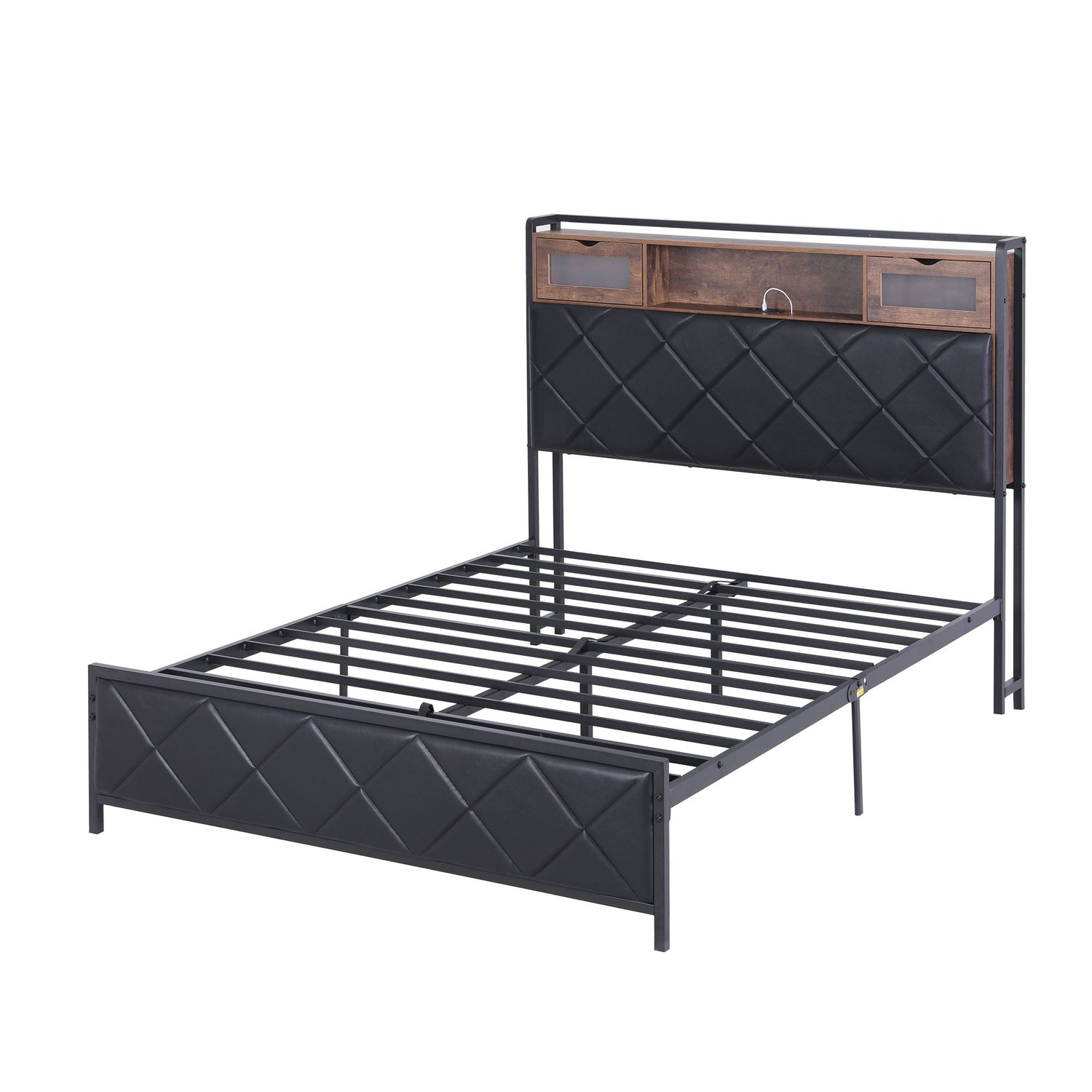 Artiss Double Bed Frame with LED Lights Storage Headboard 2 USB 2 AC Outlets Charging Station-Furniture > Bedroom > Beds &amp; Bed Frames-PEROZ Accessories