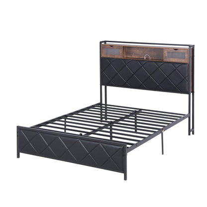 Artiss Double Bed Frame with LED Lights Storage Headboard 2 USB 2 AC Outlets Charging Station-Furniture > Bedroom > Beds &amp; Bed Frames-PEROZ Accessories