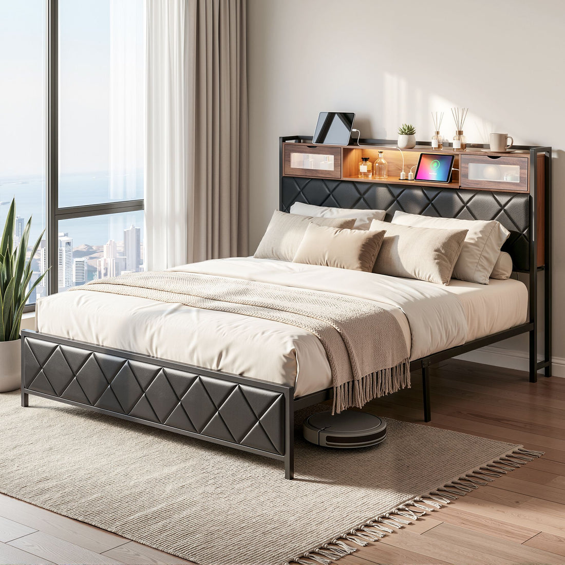 Artiss King Bed Frame with LED Lights and Storage Headboard Charging Station-Furniture > Bedroom > Beds &amp; Bed Frames-PEROZ Accessories