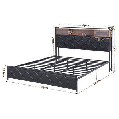 Artiss King Bed Frame with LED Lights and Storage Headboard Charging Station-Furniture > Bedroom > Beds &amp; Bed Frames-PEROZ Accessories