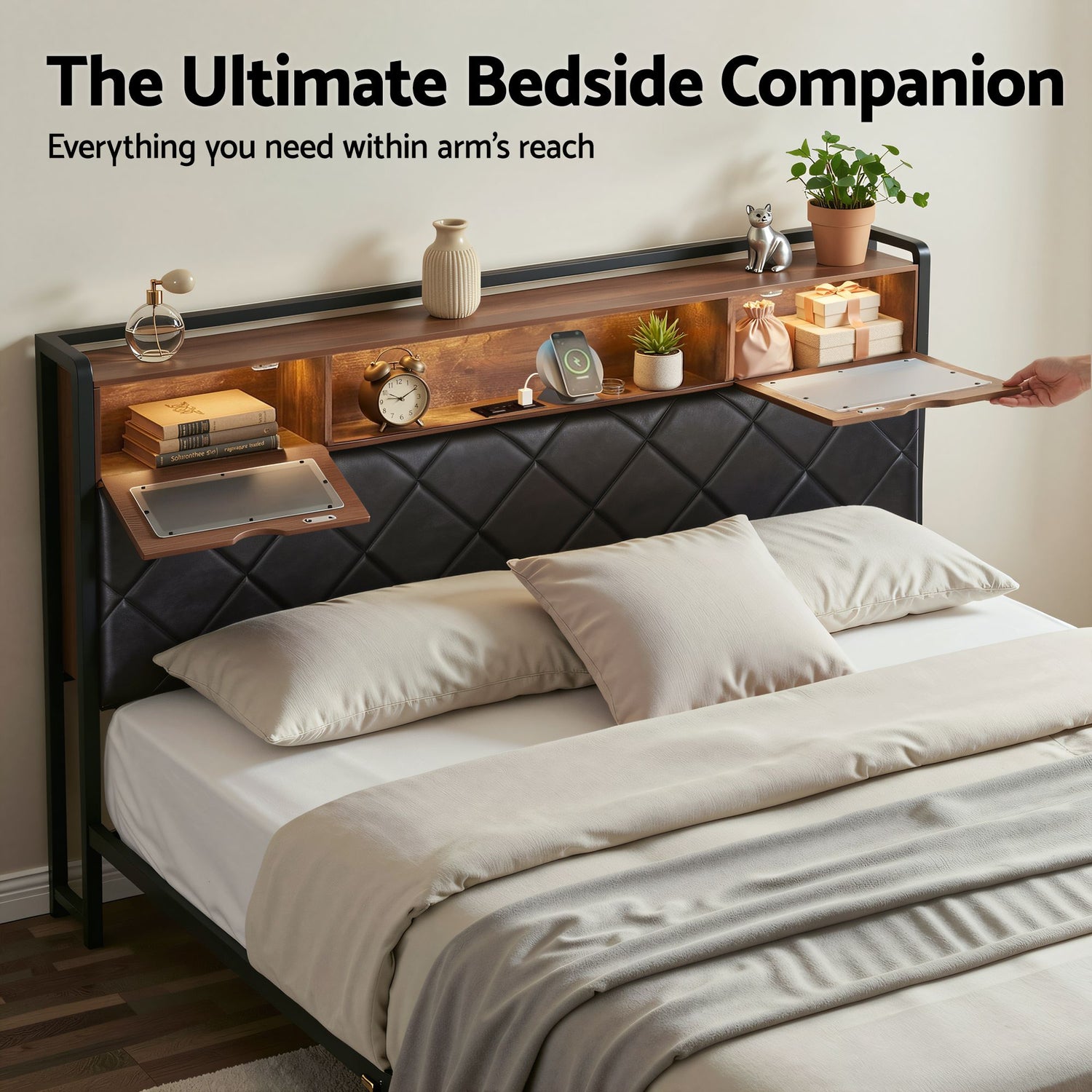 Artiss King Bed Frame with LED Lights and Storage Headboard Charging Station-Furniture > Bedroom > Beds &amp; Bed Frames-PEROZ Accessories
