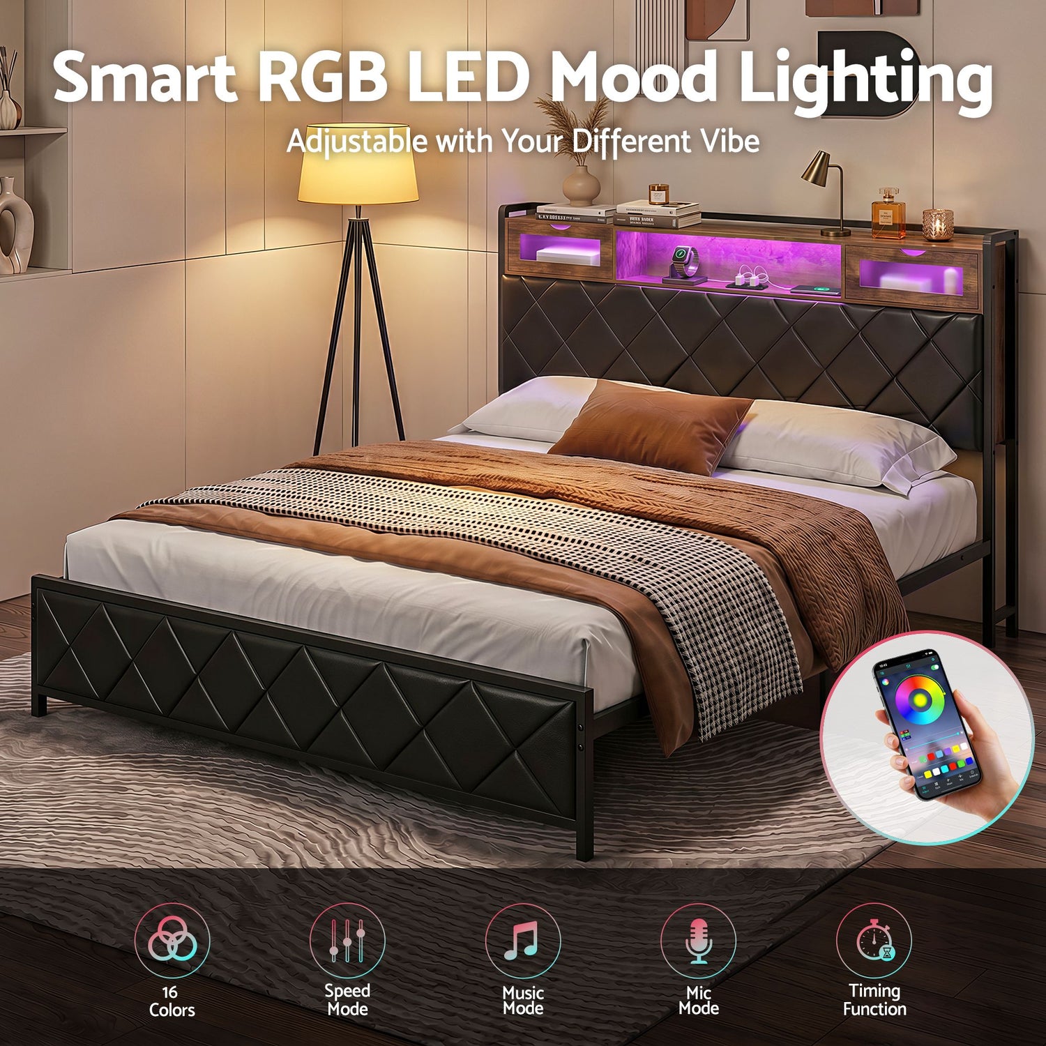 Artiss King Bed Frame with LED Lights and Storage Headboard Charging Station-Furniture > Bedroom > Beds &amp; Bed Frames-PEROZ Accessories