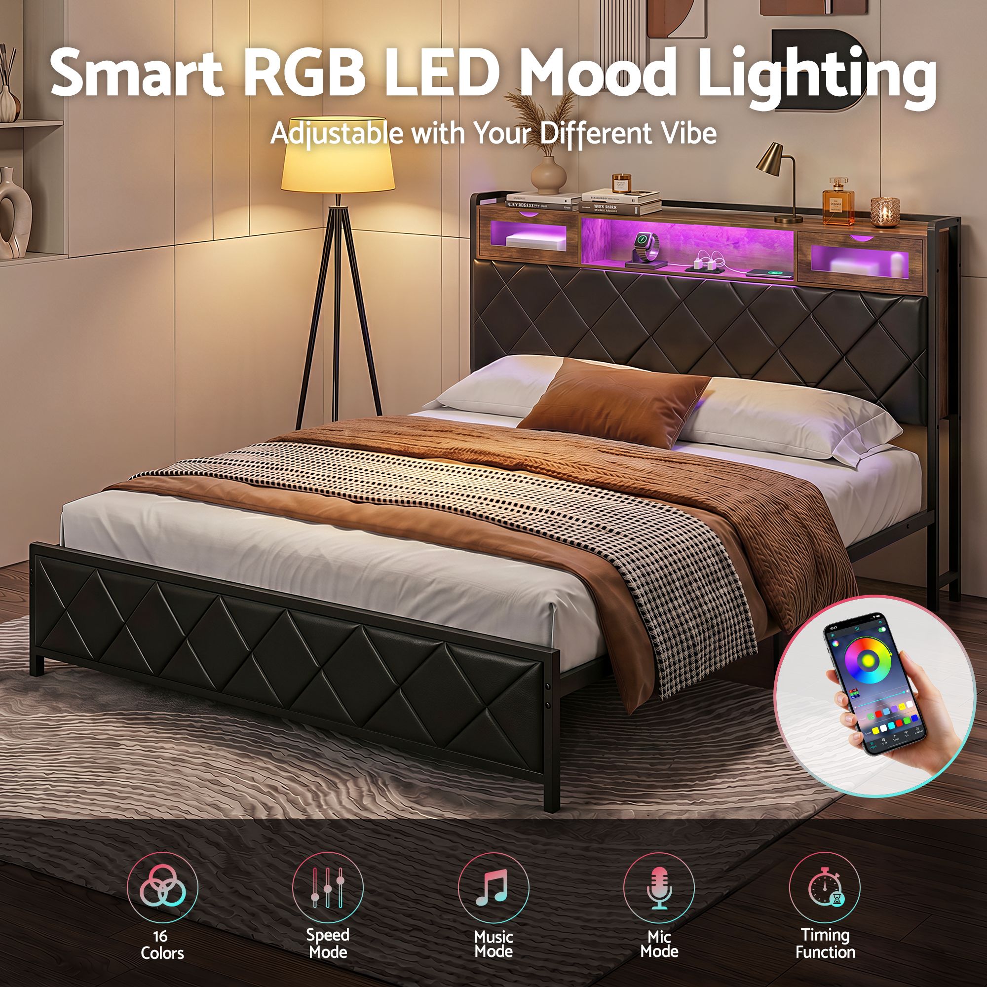 Artiss King Bed Frame with LED Lights and Storage Headboard Charging Station-Furniture > Bedroom > Beds &amp; Bed Frames-PEROZ Accessories