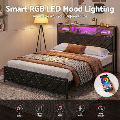 Artiss King Bed Frame with LED Lights and Storage Headboard Charging Station-Furniture > Bedroom > Beds &amp; Bed Frames-PEROZ Accessories
