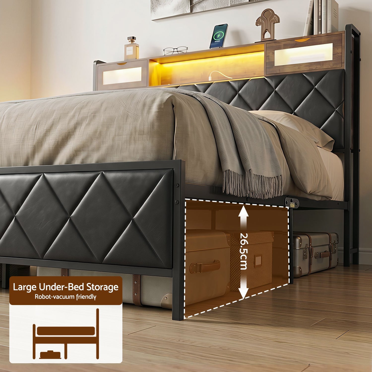 Artiss King Bed Frame with LED Lights and Storage Headboard Charging Station-Furniture > Bedroom > Beds &amp; Bed Frames-PEROZ Accessories