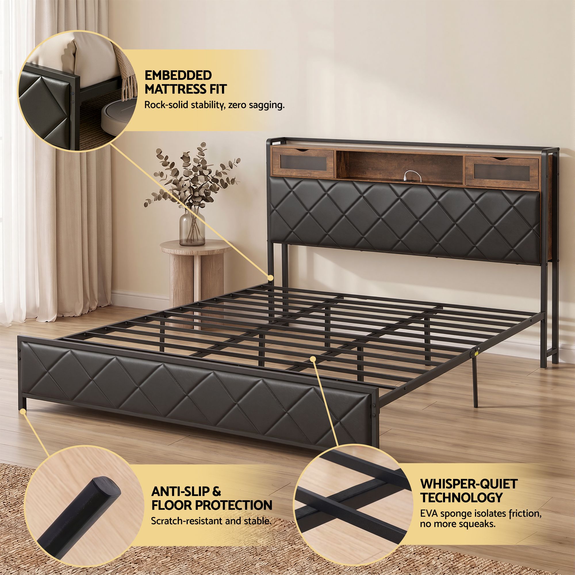 Artiss King Bed Frame with LED Lights and Storage Headboard Charging Station-Furniture > Bedroom > Beds &amp; Bed Frames-PEROZ Accessories