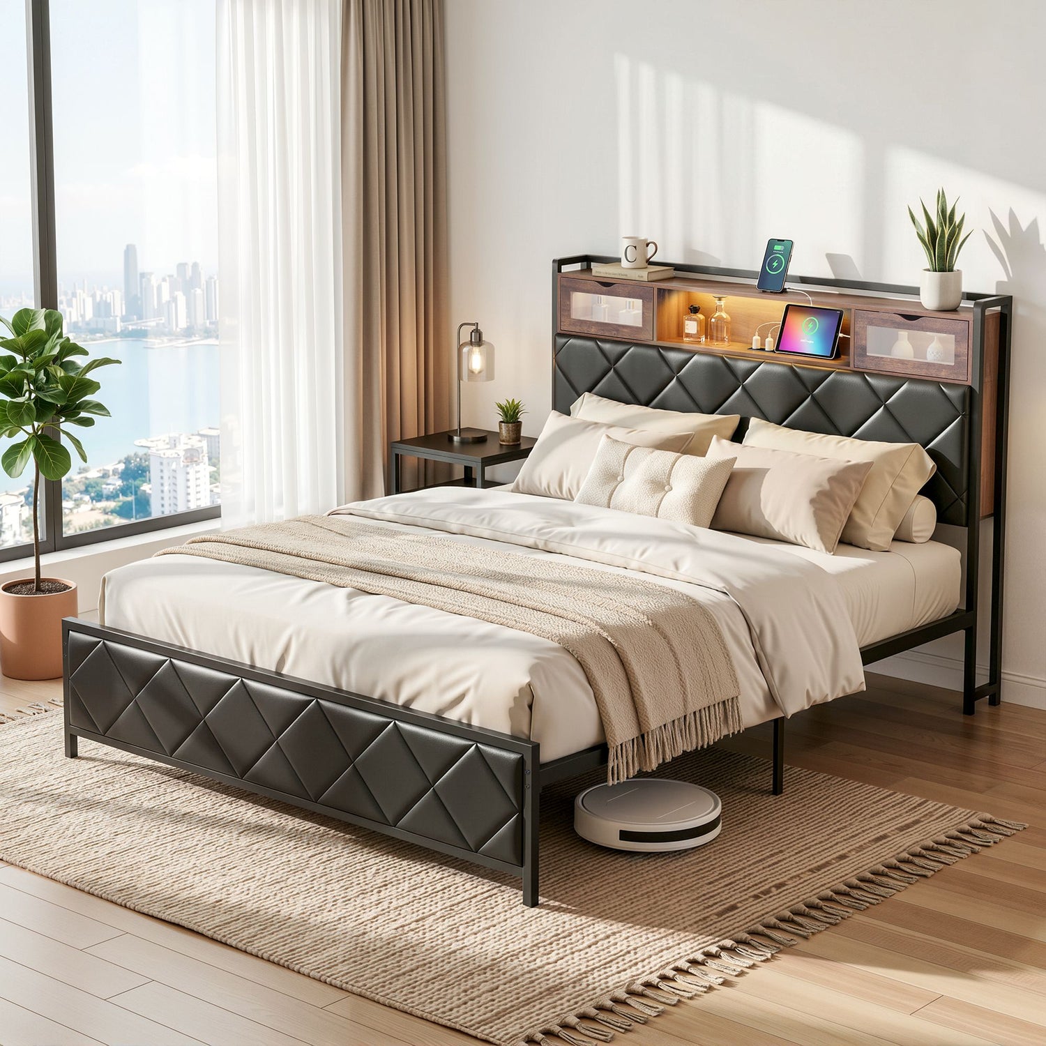 Artiss Queen Bed Frame with LED Lights and Storage Headboard Charging Station-Furniture > Bedroom > Beds &amp; Bed Frames-PEROZ Accessories