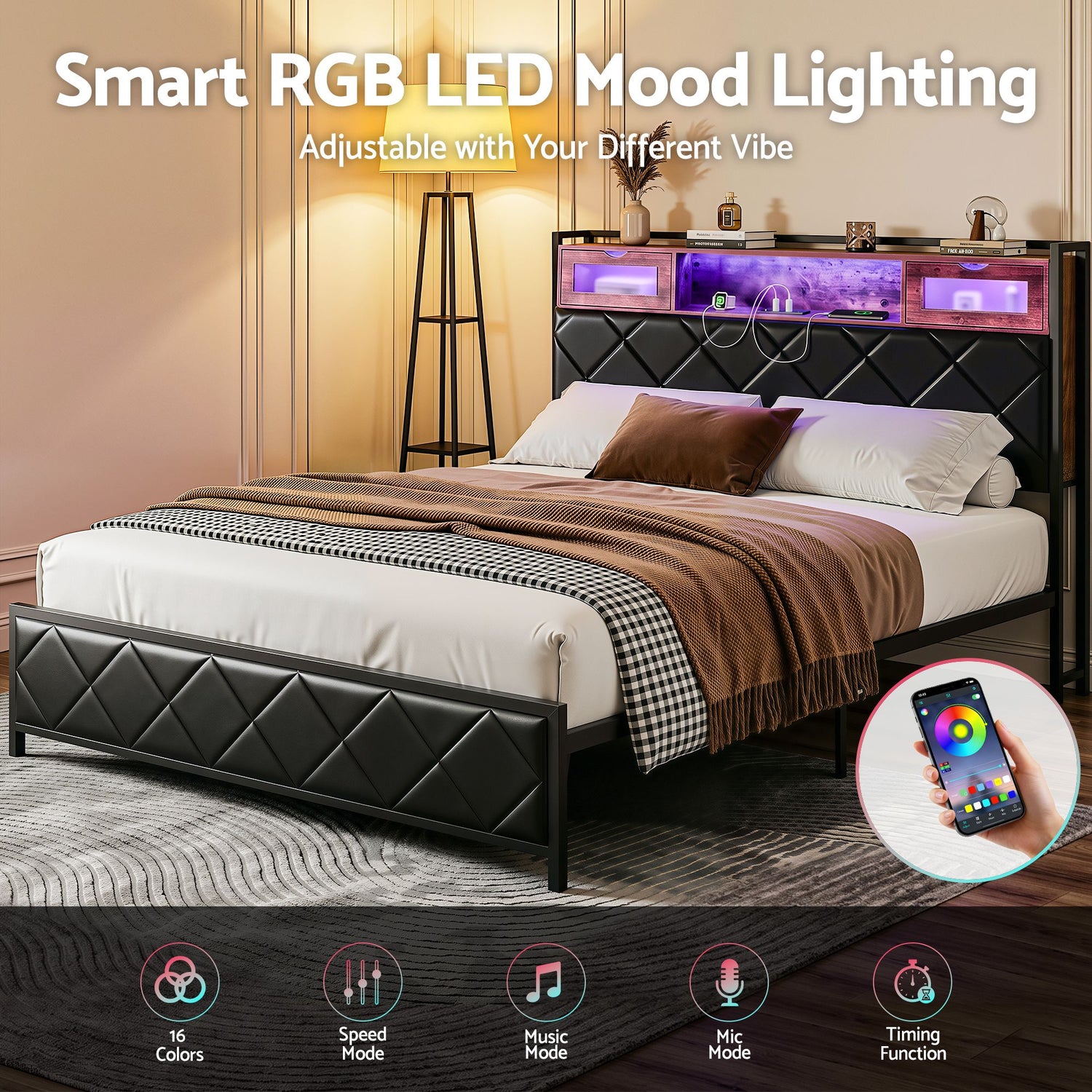 Artiss Queen Bed Frame with LED Lights and Storage Headboard Charging Station-Furniture > Bedroom > Beds &amp; Bed Frames-PEROZ Accessories