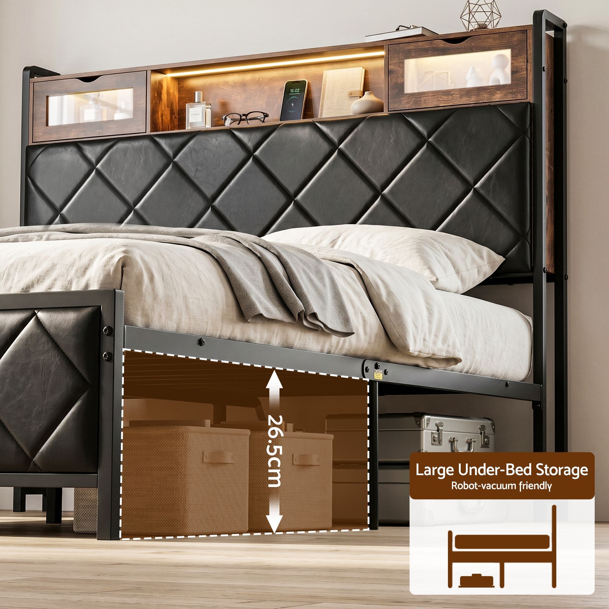 Artiss Queen Bed Frame with LED Lights and Storage Headboard Charging Station-Furniture > Bedroom > Beds &amp; Bed Frames-PEROZ Accessories