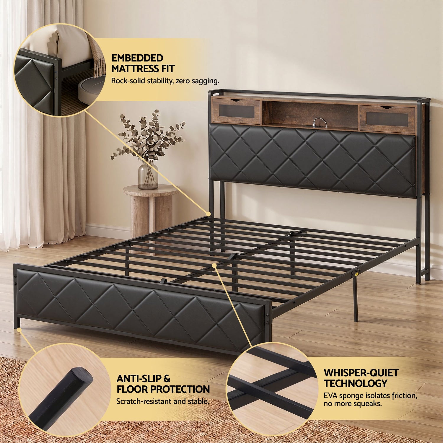 Artiss Queen Bed Frame with LED Lights and Storage Headboard Charging Station-Furniture > Bedroom > Beds &amp; Bed Frames-PEROZ Accessories