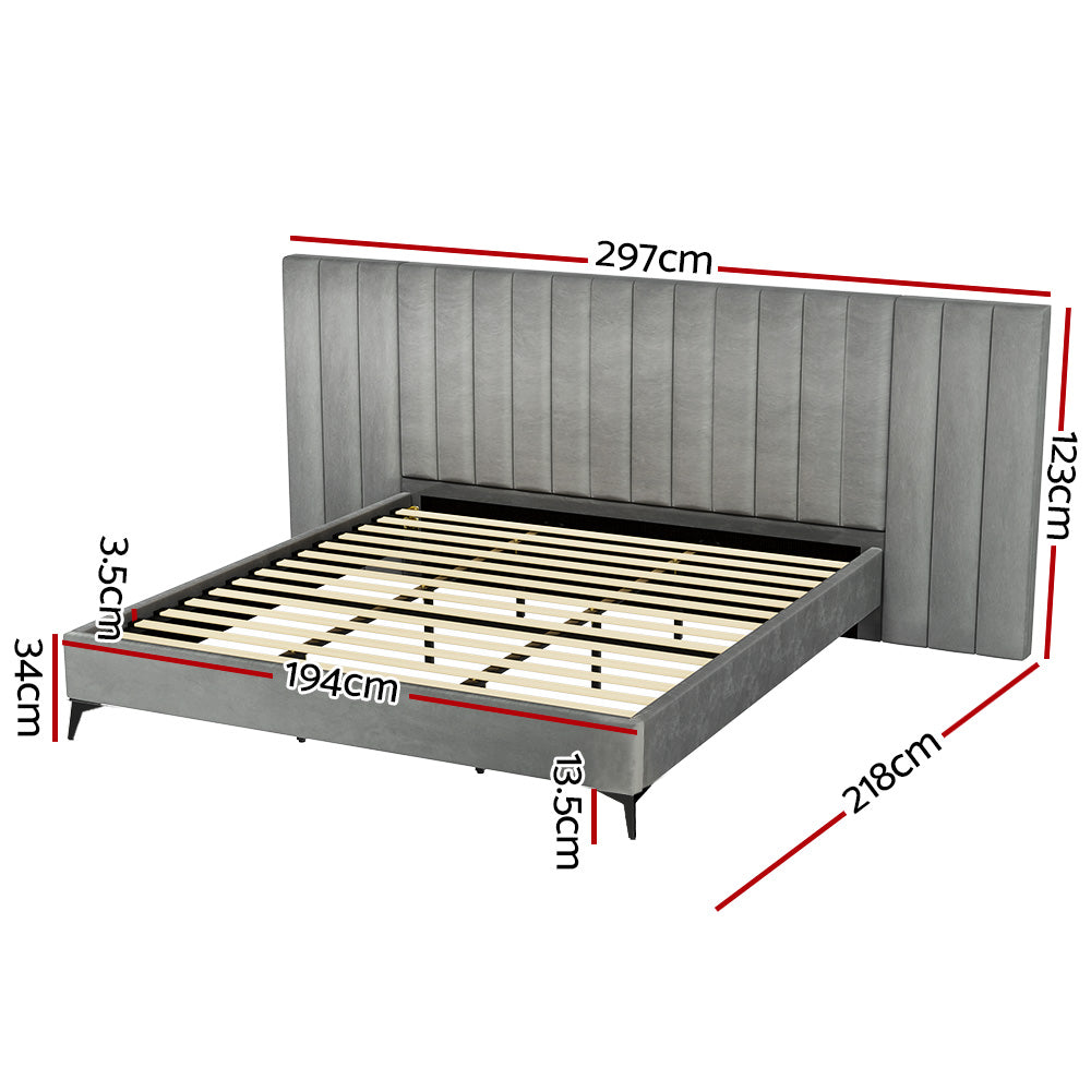 Artiss Bed Frame King Size Bed Base w Oversized Headboard Velvet Fabric Grey-Furniture &gt; Bedroom-PEROZ Accessories