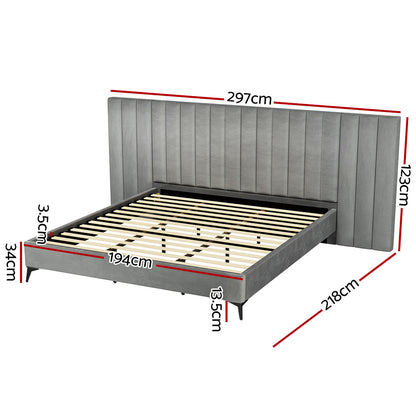 Artiss Bed Frame King Size Bed Base w Oversized Headboard Velvet Fabric Grey-Furniture &gt; Bedroom-PEROZ Accessories