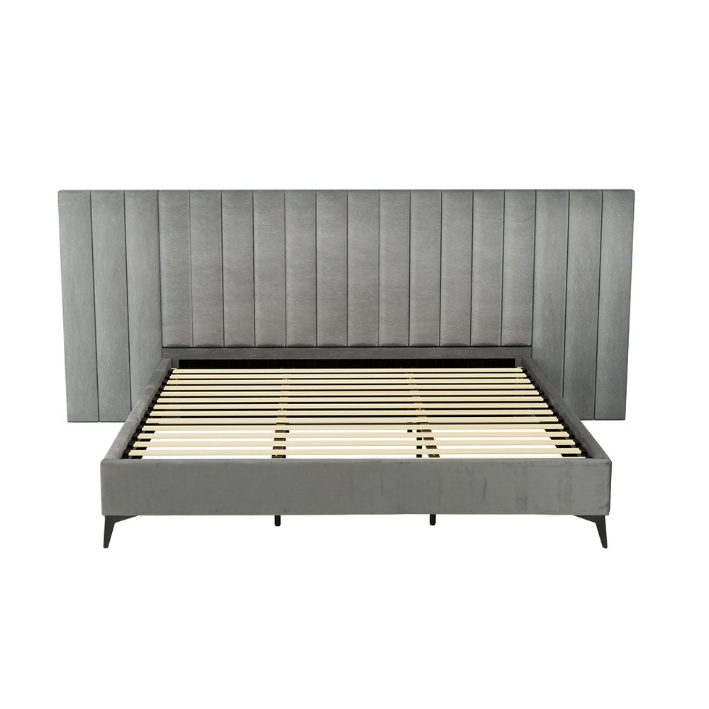 Artiss Bed Frame King Size Bed Base w Oversized Headboard Velvet Fabric Grey-Furniture &gt; Bedroom-PEROZ Accessories