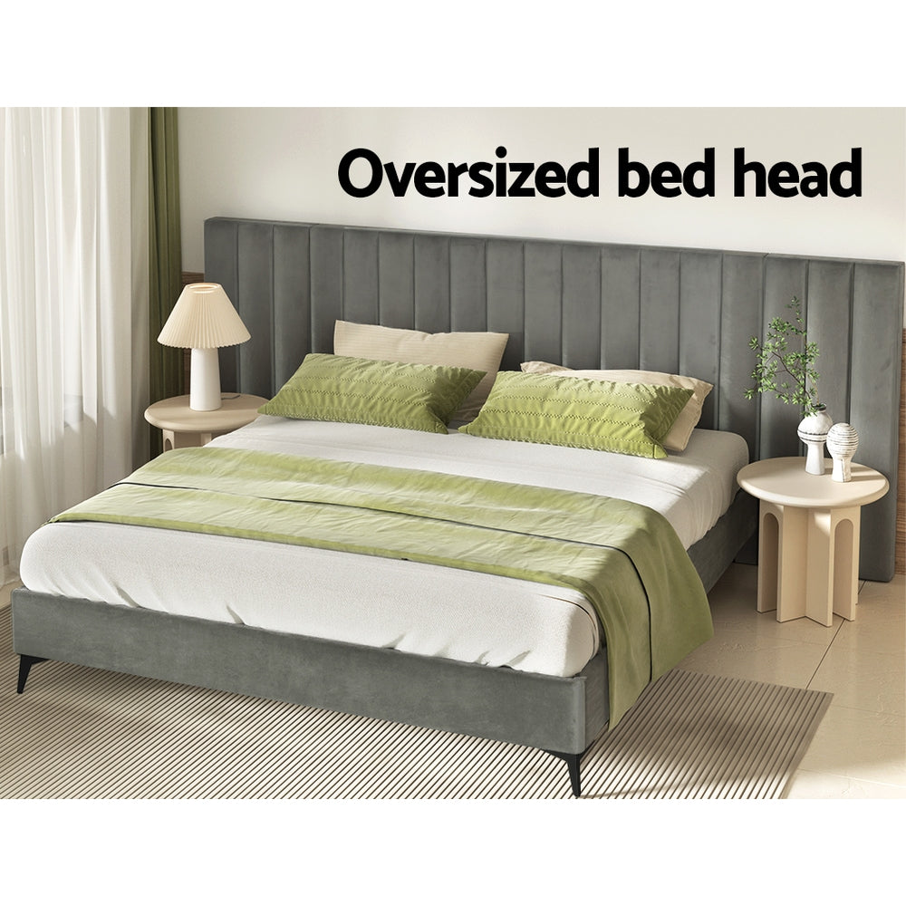 Artiss Bed Frame King Size Bed Base w Oversized Headboard Velvet Fabric Grey-Furniture &gt; Bedroom-PEROZ Accessories