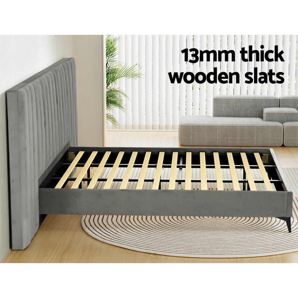 Artiss Bed Frame King Size Bed Base w Oversized Headboard Velvet Fabric Grey-Furniture &gt; Bedroom-PEROZ Accessories